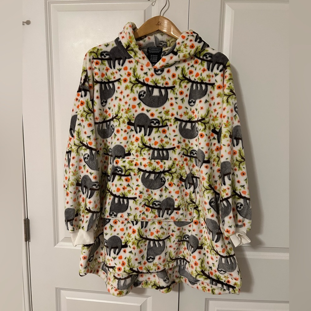 Throwzy By Marlo Lorenz sloth print Oversized fuzzy Hooded Poncho
